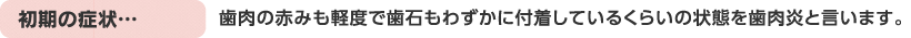 初期の症状…歯肉の赤みも軽度で歯石もわずかに付着しているくらいの状態を歯肉炎と言います。